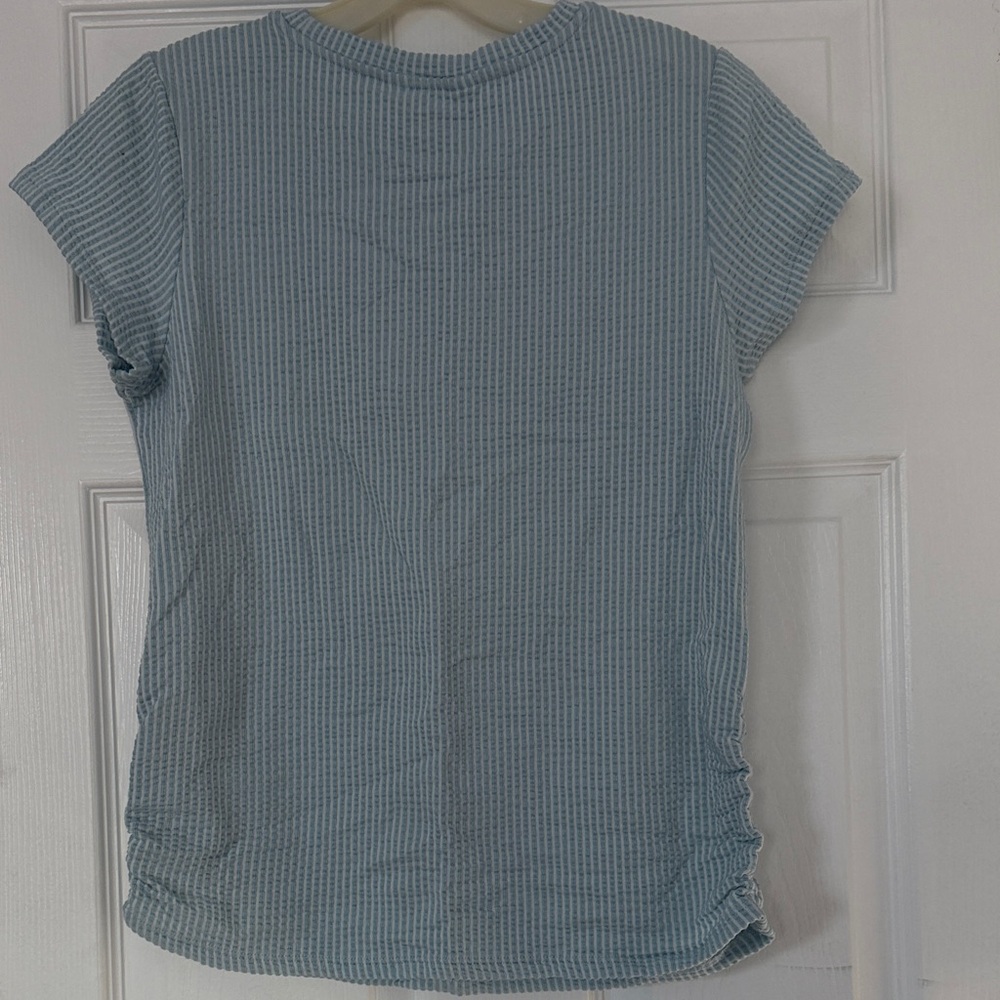 Girls Light Blue Ribbed Short-Sleeve Tee with Side Ruching - Picture 2 of 2